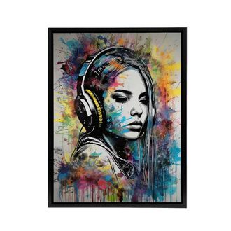 Artery8 Girl With Headphones Music Paint Splat Framed Canvas Wall Art Print | Size: W24 x H32