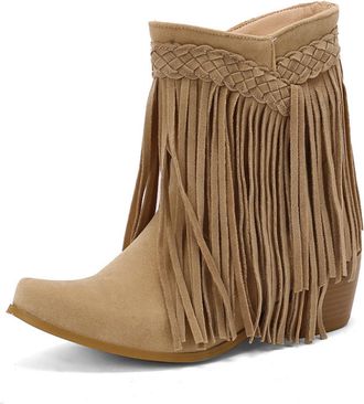 Generic Womens Bohemian Pointed Toe Faux Suede Ankle Boots Tassel Design Braided Detail Comfortable Anti-Slip Wear-Resistant for Casual Party Daily Outings,Ca