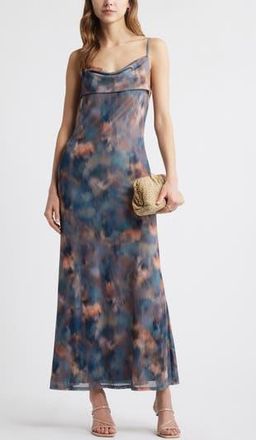 Open Edit Print Mesh Maxi Dress in Grey- Pink Agate Print at Nordstrom Rack, Size Xx-Small