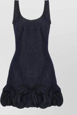 Self Portrait denim sleeveless scoop-neck mini dress with 3d floral appliqu&eacute;