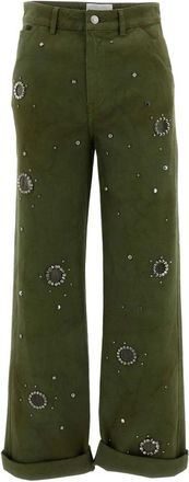 Des_Phemmes DES Phemmes - Wide-Leg broek met kristallen versiering - Dames - Jeans - Groen - Maat: XS Katoen