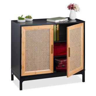 Relaxdays Relaxdays - Aparador Con 2 Puertas De Rat&aacute;n, Armario Auxiliar 76x80x39 Cm, Mueble De Sal&oacute;n, Mdf Y Bamb&uacute;, Negro/natural