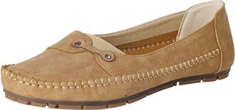 Generic Womens Embossed Leather Ballet Flat Walking Shoes with Arch Support Elegant Non Slip Shoes with Contrast Sole for Work, Casual Outfits Daily Life (Kha