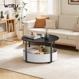 Woltu Woltu Mesa De Centro, Mesa De Sal&oacute;n, Con Cesta De Almacenamiento, Redonda, Negra Y Gris