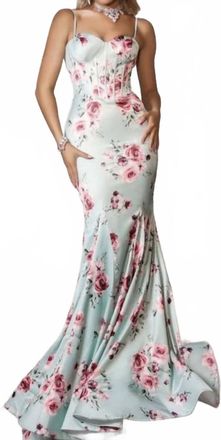 Portia & Scarlett Floral Corset Gown In Mint Multi