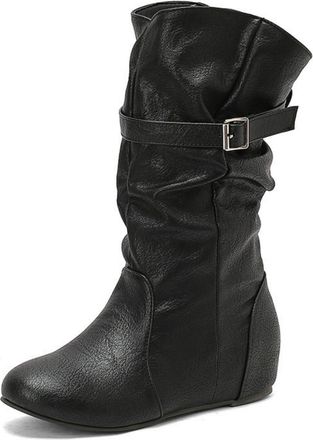 Generic Womens Pull on Slouch Mid-Calf Boots Round Toe PU Leather Casual Boots Wedge Heel Western Boot with Buckle,Black,10.5 UK