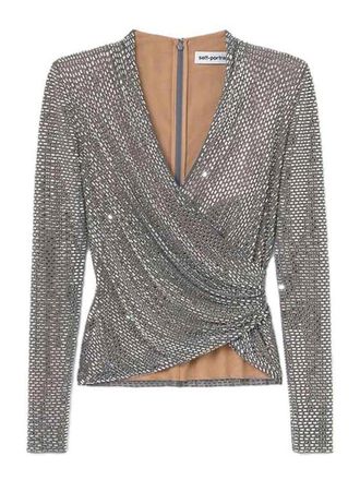 Self Portrait Rhinestone Mesh Wrap Top