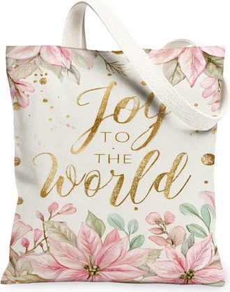 Generic Christmas Floral Canvas Tote Bags, Elegant Holiday Flower Design Reusable Grocery Bags, Vintage Lightweight Washable Shoulder Strap Canvas for Travel 