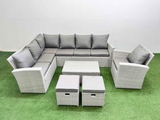 Fimous 9 Seater Garden Outdoor PE Rattan Furniture Set with 2 Small Stools in Light Grey
