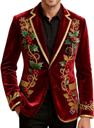 Generic Mens Ugly Christmas Blazer, Xmas Corduroy Jacket Novelty Christmas Tree Print Coat Mens Slim Fit Lapel Suit Jacket Vintage Tuxedo Holiday Party Costum