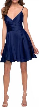 La Femme Womens Satin V-Neck A-Line Cocktail Dress In Navy Blue