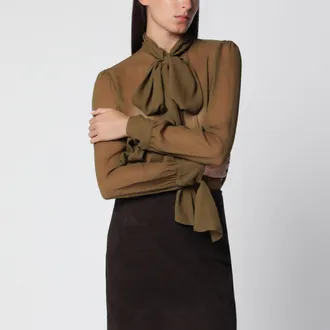 Saint Laurent Blusa lavalli&egrave;re verde bronzo in seta