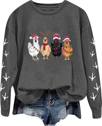 Generic Womens Christmas Sweatshirts Funny Chickens Graphic Print Xmas Jumper Casual Long Sleeve Crew Neck Pullover Oversized Dressy Trendy Sweater Ladies Win
