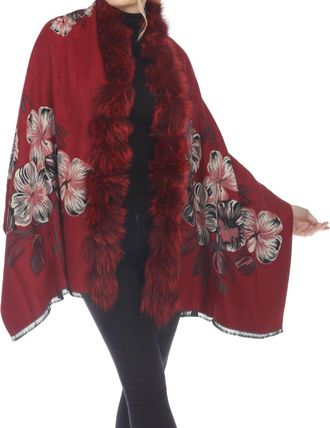 Belle Fare Real Silver Fox Trim Cashmere Blend Floral Wrap Cover-Up In Wine/black