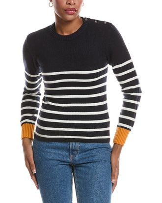 Brodie Button Stripe Crewneck Cashmere-Blend Sweater