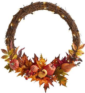 Nearly Natural 22In Pumpkin And Maple Artificial Autumn Wreath With 50 Warm White Led Lights