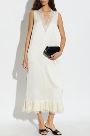 Ganni Satin Dress With Lace Inserts, Womens, Cream