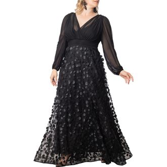 Kiyonna Blossoming Beauty Long Sleeve Mesh Evening Gown in Black Multi at Nordstrom, Size 3X