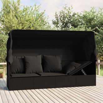 vidaXL Sof&aacute; Tumbona De Jard&iacute;n Con Toldo Cojines Rat&aacute;n Sint&eacute;tico Negro Vidaxl