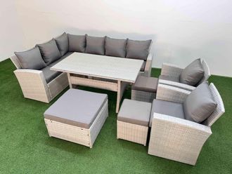Fimous 11 Seater Rattan Garden Furniture Set Table 2 Chairs 3 Footstools in Light Grey