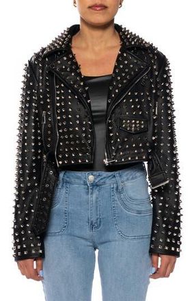 Azalea Wang Studded Belted Faux Leather Moto Jacket in Black at Nordstrom Rack, Size X-Large