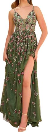 Primavera Floral Mesh Prom Dress In Sage Green
