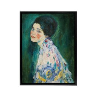 Artery8 Portrait of a Lady in Floral Dress Klimt Framed Canvas Wall Art Print in Green | Size: W24 x H32
