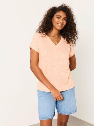 Fat Face FatFace Lauren Coral Pink Linen V Neck T Shirt