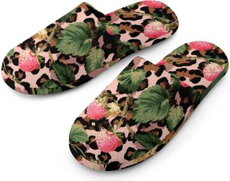 Generic Leopard Print Strawberries Leaves Mens House Slippers Slip Indoor Slipper On Shoes Warm Outdoor
