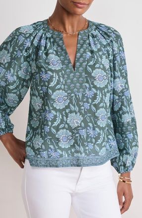 Vineyard Vines Print Split Neck Popover Top in Edie Floral Balsam at Nordstrom, Size X-Small