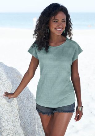 Vivance Kurzarmshirt VIVANCE mit dekorativem H&auml;keleinsatz, Damen, Gr. 32/34, gr&uuml;n (mint), Cr&ecirc;pe, Obermaterial: 98% Polyester, 2% Elasthan, unifarben, normal n