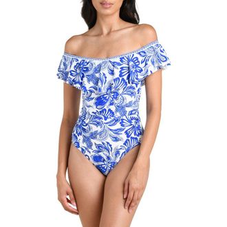 La Blanca Botanical Brocade Ruffle Off the Shoulder One-Piece Swimsuit in Lapis at Nordstrom, Size 16