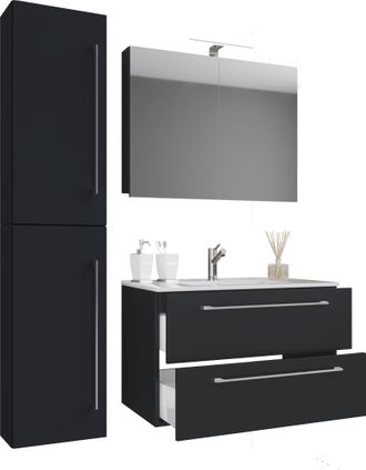 ebuy24 Ebuy24 - Vcm 4 Piezas Lavabo Lavabo Gabinete Inferior Ancho 60 Cm Muebles De Ba&ntilde;o Conjunto Con Cajones Puertas Giratorias Armario De Espejo Badinos (n