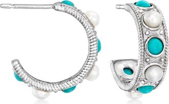 Ross-Simons Turquoise and 3-3.5mm Cultured Pearl Hoop Earrings in Sterling Silver