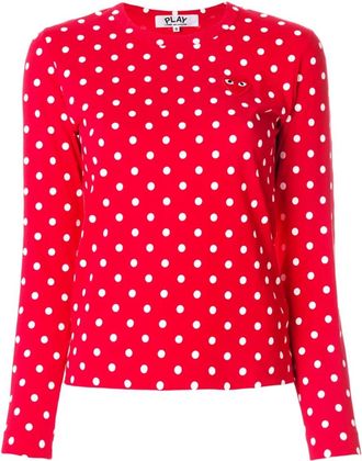 Comme Des Gar&ccedil;ons Polka Dot Heart Logo T-Shirt - Dames - Longsleeves - Rood - M - Katoen - Tops