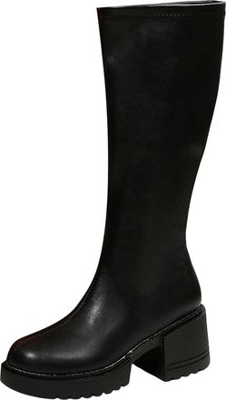 Generic Womens Knee High Boot Square Toe Platform Chunky Heel Stretchy Tall Boots Wide Leg Mid Calf Full Zip Long Boot Stage Performance Footwear Fashion Dres