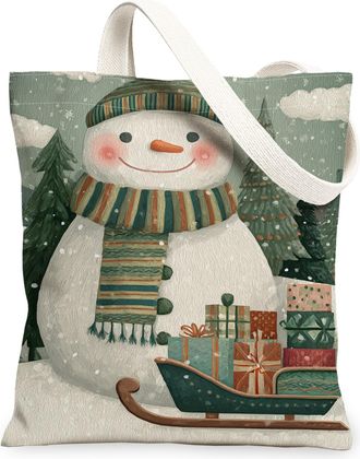 Generic Winter Snow Man Canvas Tote Bags, Festive Holiday Design Reusable Grocery Bags, Vintage Rustic Lightweight Washable Shoulde, Green, 13x15 Inch
