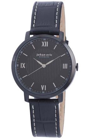 Johan Eric Denmark koge, Mens, black dial watch, applied indexes w hydraulic stamping pattern, ip coated stainless steel case & buckle, leather w crocodile top.... - One