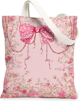 Generic Vintage Floral Canvas Tote Bags, Elegant Bow Pattern Reusable Shopping Bags, Lightweight Washable Shoulder Strap Canvas for, Peach, 13x15 Inch