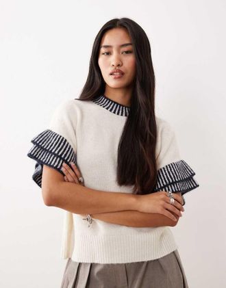 Vero Moda Canotta in maglia color crema in misto lana con finiture a contrasto-Bianco