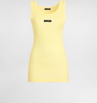 Dolce & Gabbana Ribbed Jersey Tank Top With Logo - Woman T-shirts And Sweatshirts Yellow Cotton 38
