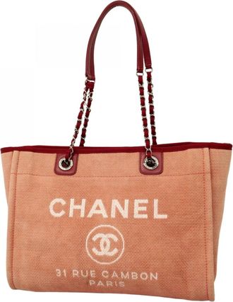 Chanel Pink Red Color Canvas Tote Bag (Pre-Owned)