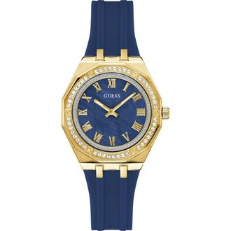 Guess Desire Crystal & Mother-of-Pearl Silicone Strap Watch, 36mm in Blue at Nordstrom