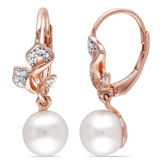 Amour 7.5 - 8 Mm White Cultured Freshwater Pearl and 1/10 CT TW Diamond Floral Leverback Drop Earrings In Rose Plated Sterling Silver