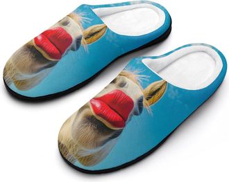 Generic Horse with Red Lipstick Mens Slippers Slip On Comfortable Fleece Cotton House Shoes Winter