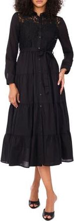 Halogen Lace Bodice Long Sleeve Tiered Midi Shirtdress in Rich Black at Nordstrom Rack, Size Medium