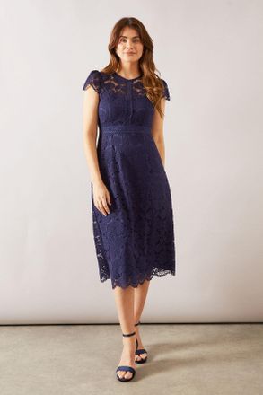 Wallis Womens Lace Fit And Flare Midi Dress - Navy - Size 14 UK