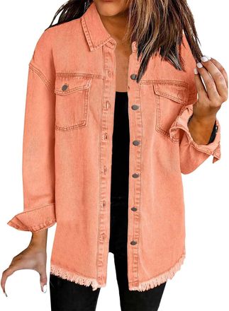 Generic White Denim Jacket Button Down Casual Light Oversized Street Shacket Fashion Frayed Hem Boyfriend Jean Jackets Summer Coats Vintage Washed Cowgirl Shi