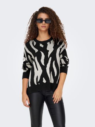 Only Strickpullover ONLY ONLMONTANA LS JQ LOOSE O-NECK CC KNT, Damen, Gr. XS (34), schwarz (schwarz pattern:birch), Strick, Obermaterial: 82% Viskose, 18% 