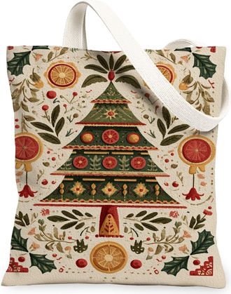 Generic Christmas Tree Canvas Tote Bags, Holiday Floral Design Reusable Grocery Bags, Vintage Lightweight Washable Shoulder Strap C, Multicolor, 13x15 Inch